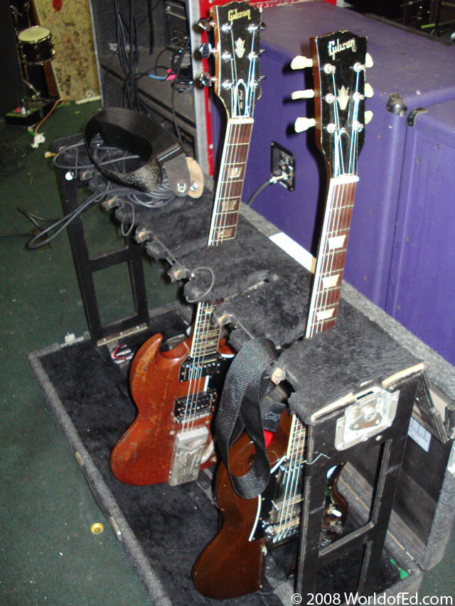 Greg Hetson's guitars in a guitar stand.